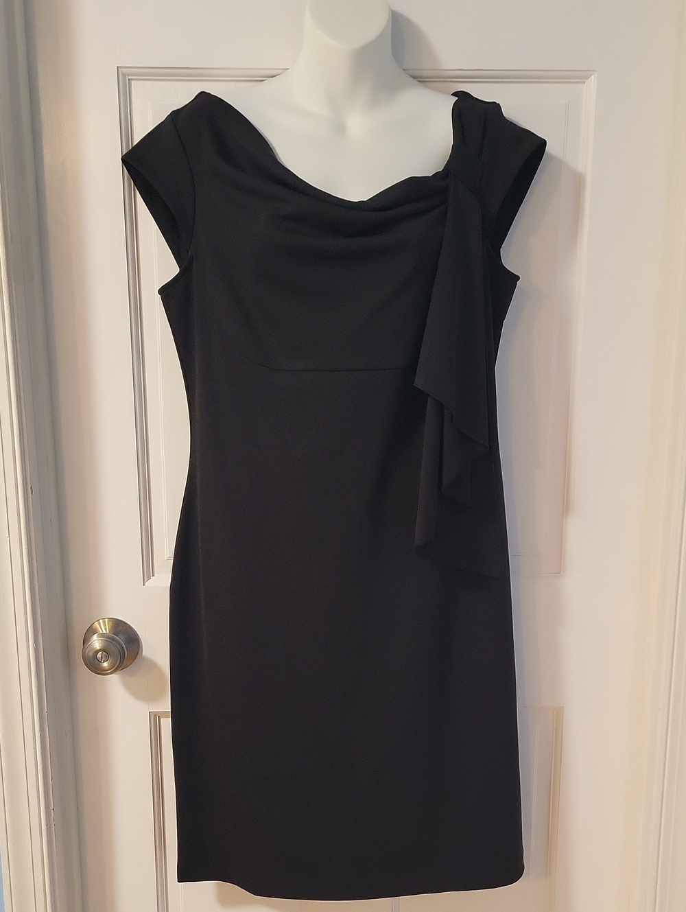 Chadwicks Shape Benefitd Black Draped Cap-Sleeve Sheath Midi Dress